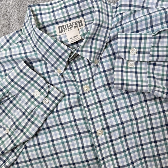 Duluth Trading Co Mens XLT Cotton Long Sleeve Button Down Shirt Blue Green Plaid - Picture 1 of 4